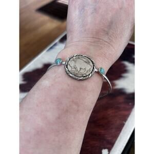 Kingman Turquoise Buffalo Nickel And Sterling Silver Cuff Bracelet Handmade New